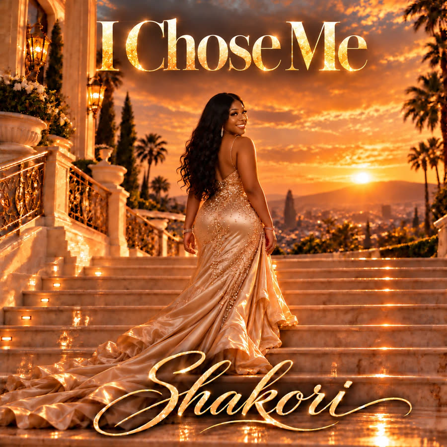 Single cover for I Chose Me by Shakori, a woman in a gold gown on sunset stairs